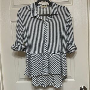 Love Notes Striped Button-Down Shirt 3/4 Sleeves Ruffled High-Low Cotton